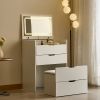 3-in-1 Vanity Desk with Mirror And Lights, Small Vanity Desk Set with Visible Glass Tabletop, 3 Drawers, Storage Bench, 3-color Lighting Mirror