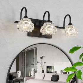 Retro 3-Light Bathroom Vanity Light Fixture - Black Finish with Crystal Glass Shades, Wall Mounted Lighting for Bathroom, Powder Room