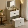 3-in-1 Vanity Desk with Mirror And Lights, Small Vanity Desk Set with Visible Glass Tabletop, 3 Drawers, Storage Bench, 3-color Lighting Mirror